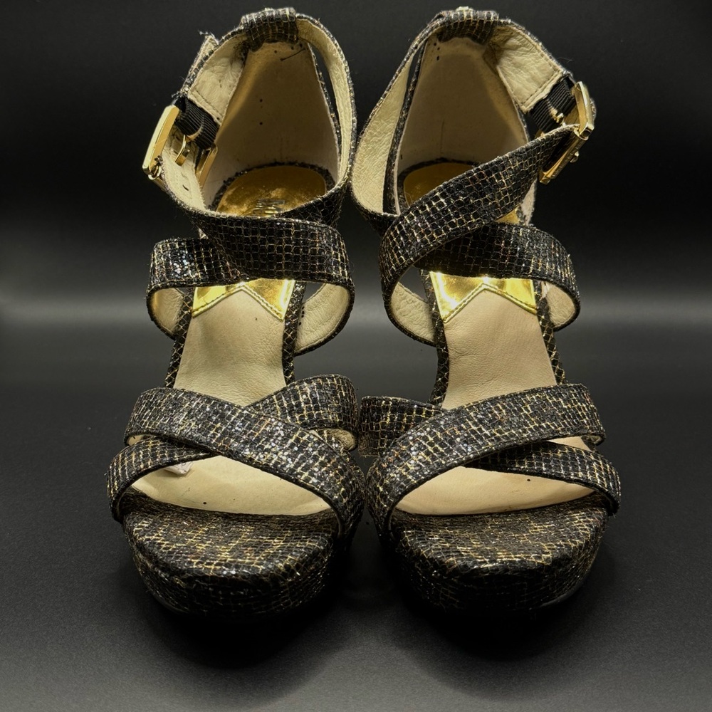 Michael Kors Women’s Size 6M Black Gold Sparkle Heels Strappy High Heel Sandals